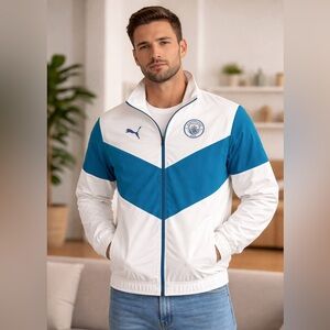 Rare Puna Manchester City Soccer Light Jacket Windbreaker white and Teal Size M
